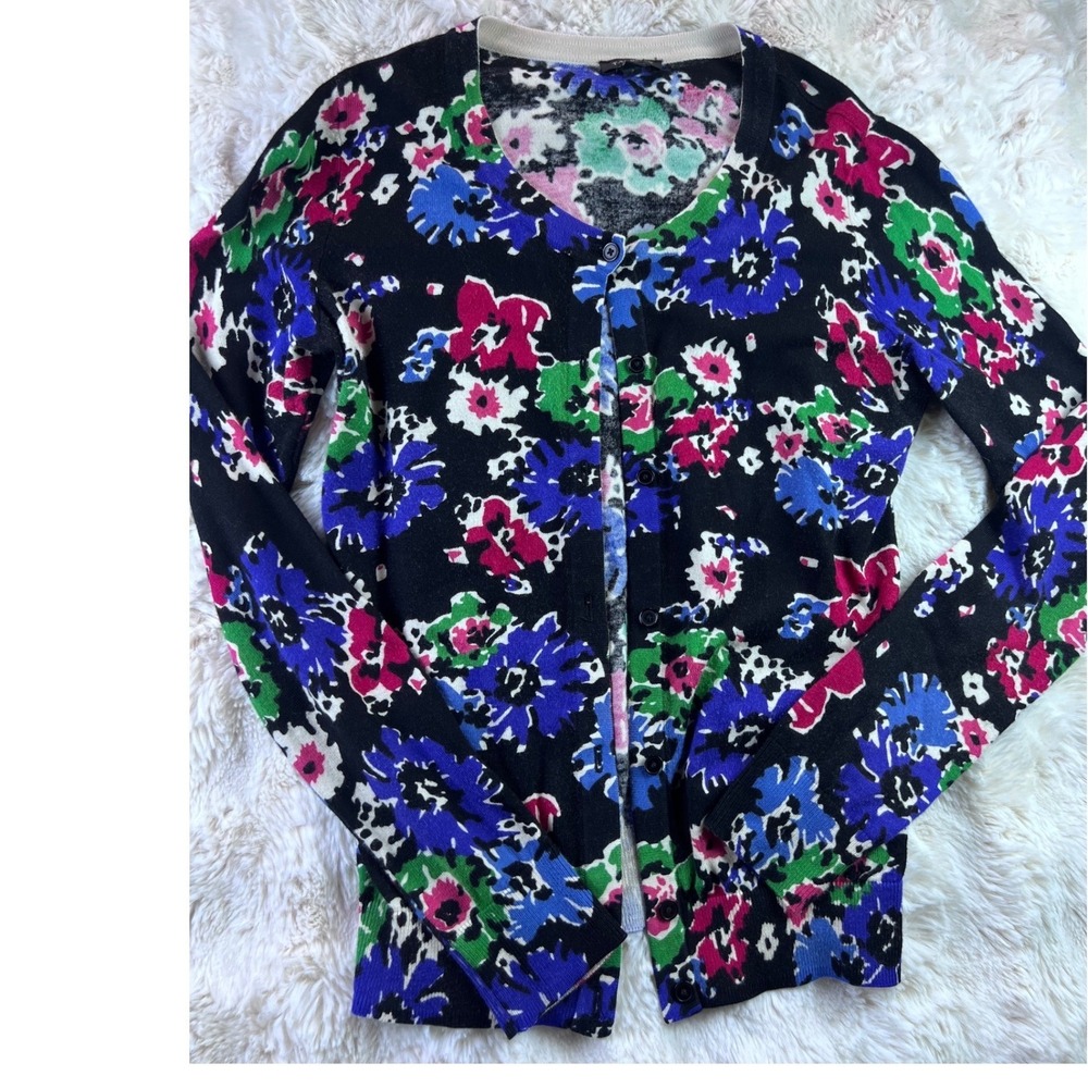 Talbots Womens XS Cardigan Sweater Black Floral Long SleeveButton Front Knit A10